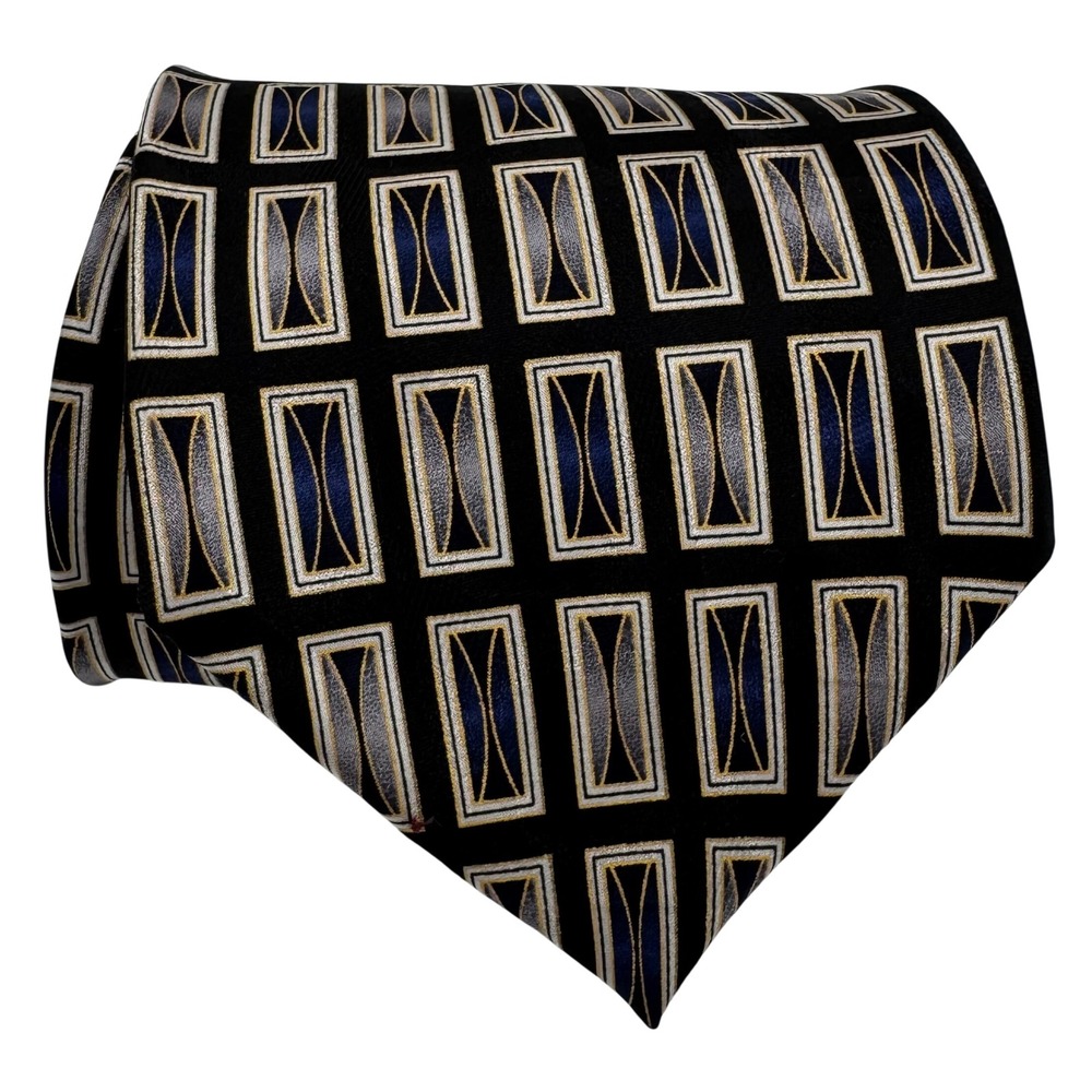 Bergamo New York Necktie Geometric Silk Business Mens Black Blue Gold Art Deco